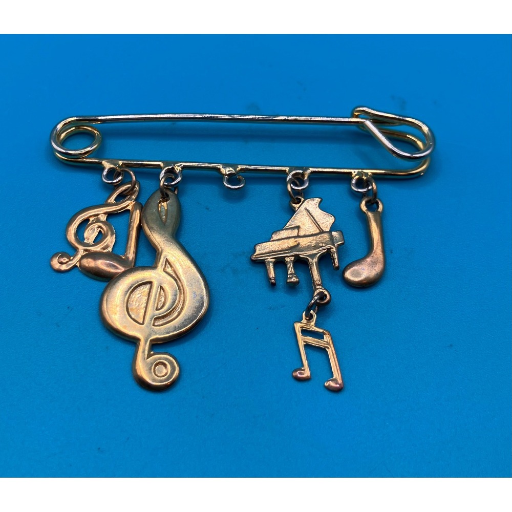 Music Charm Brooch Safety Pin Gold Tone Piano Treble Clef Note Pin